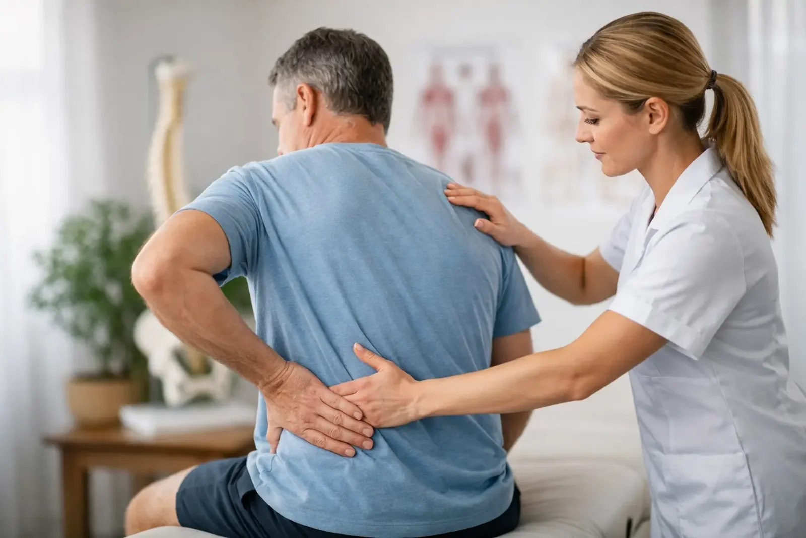 Lower back being held, illustrating back pain