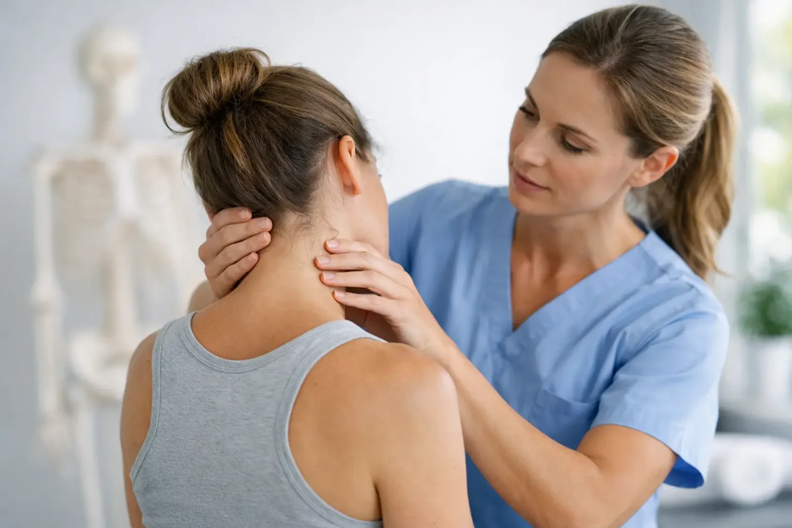 Person holding the back of their neck in discomfort