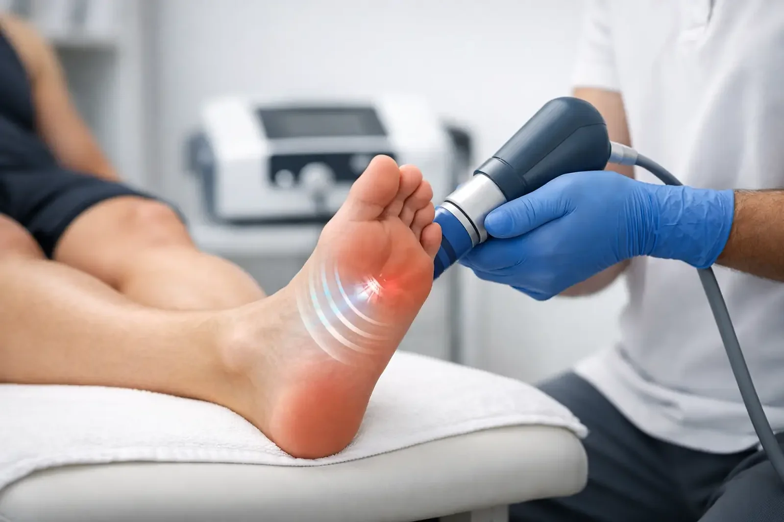 Hands applying a shockwave therapy device to a patient's heel