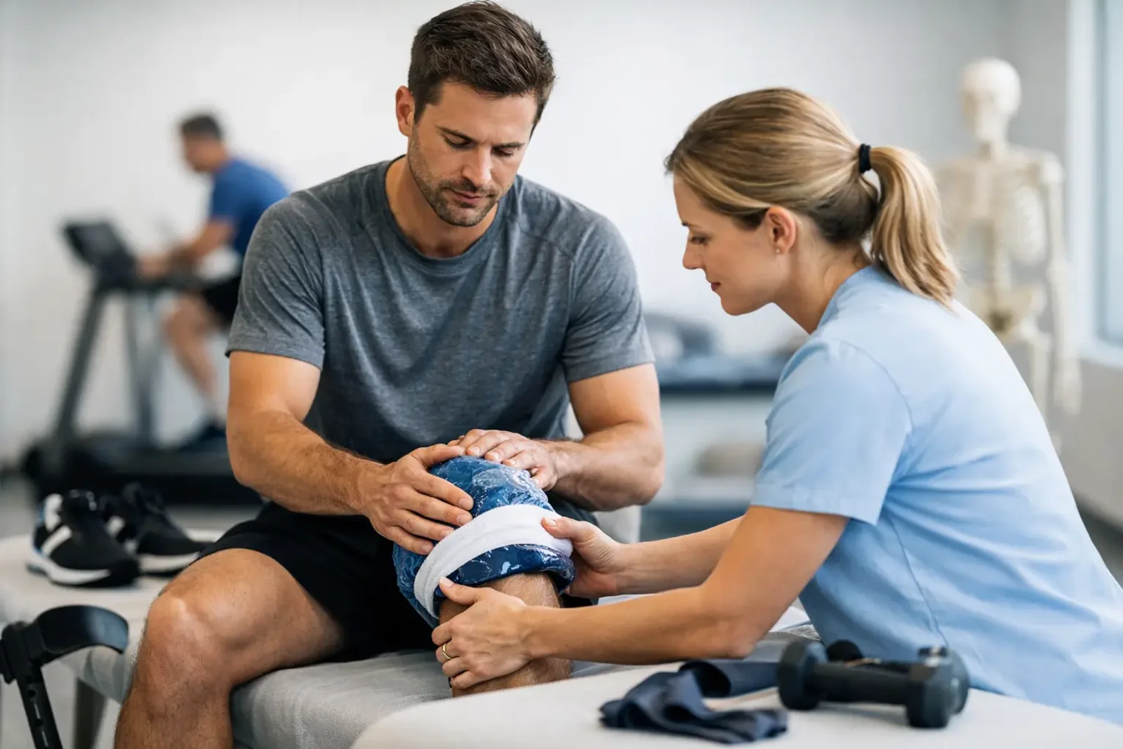 Athlete attending to a leg injury after exercise