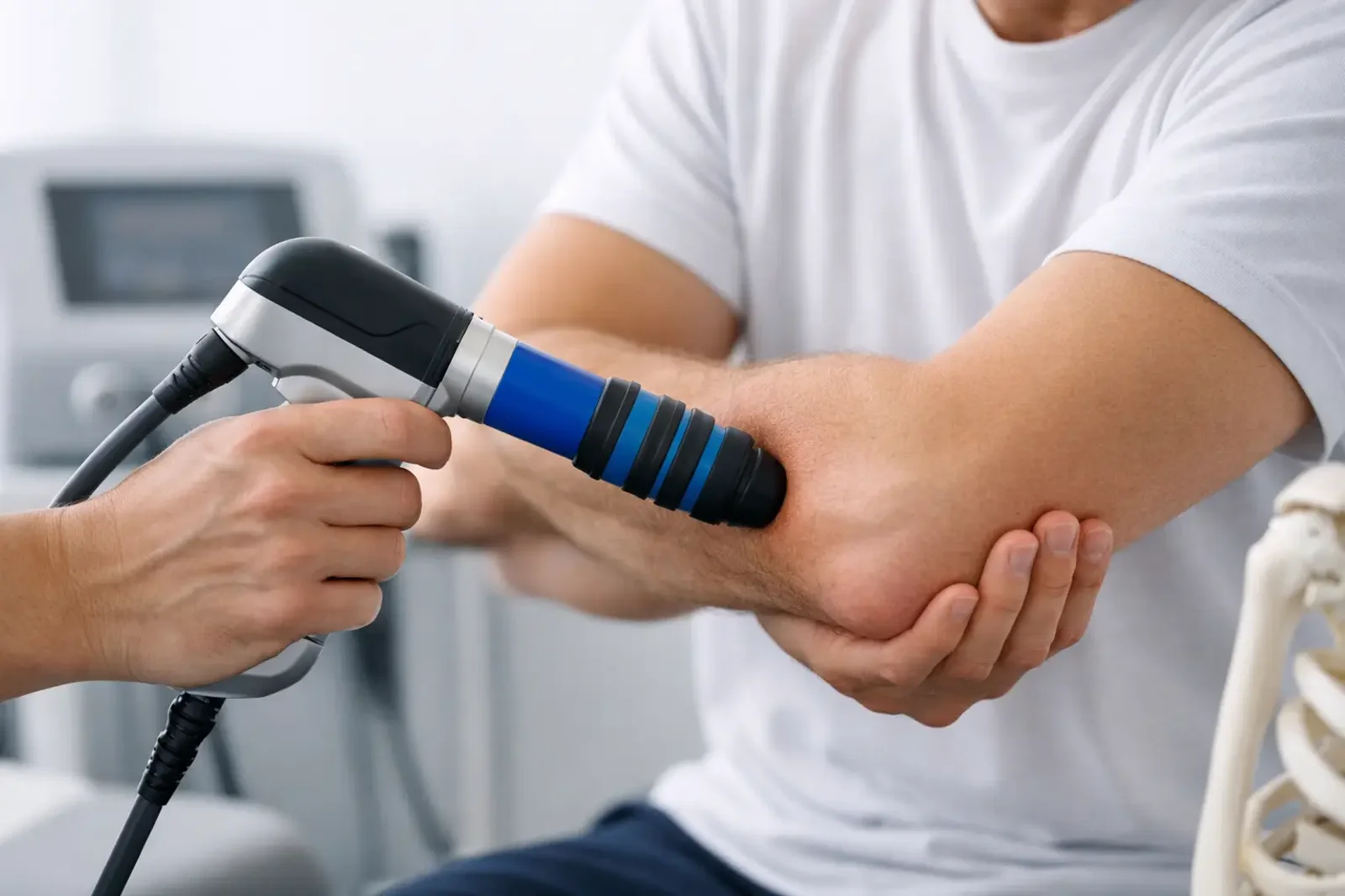 Shockwave therapy device being applied to the outer elbow