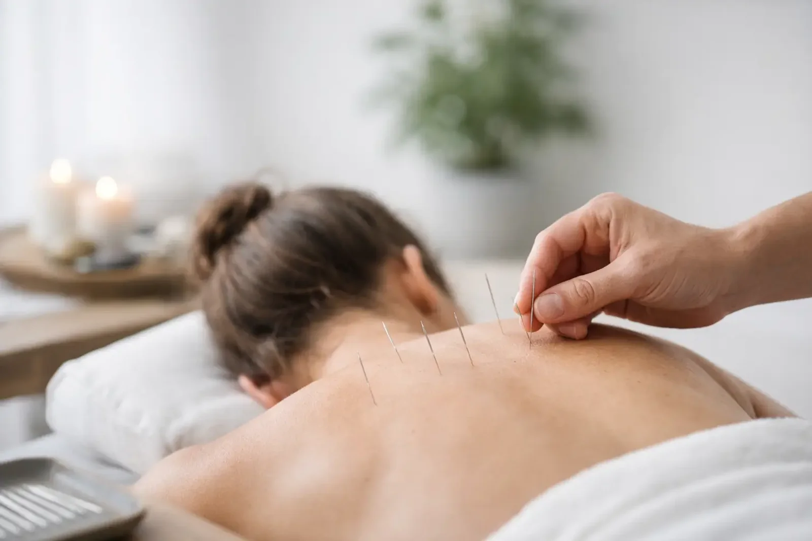 Acupuncture being administered to the upper back