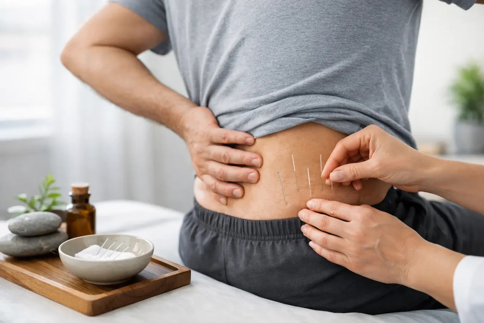 Acupuncture needles being placed in the lower back